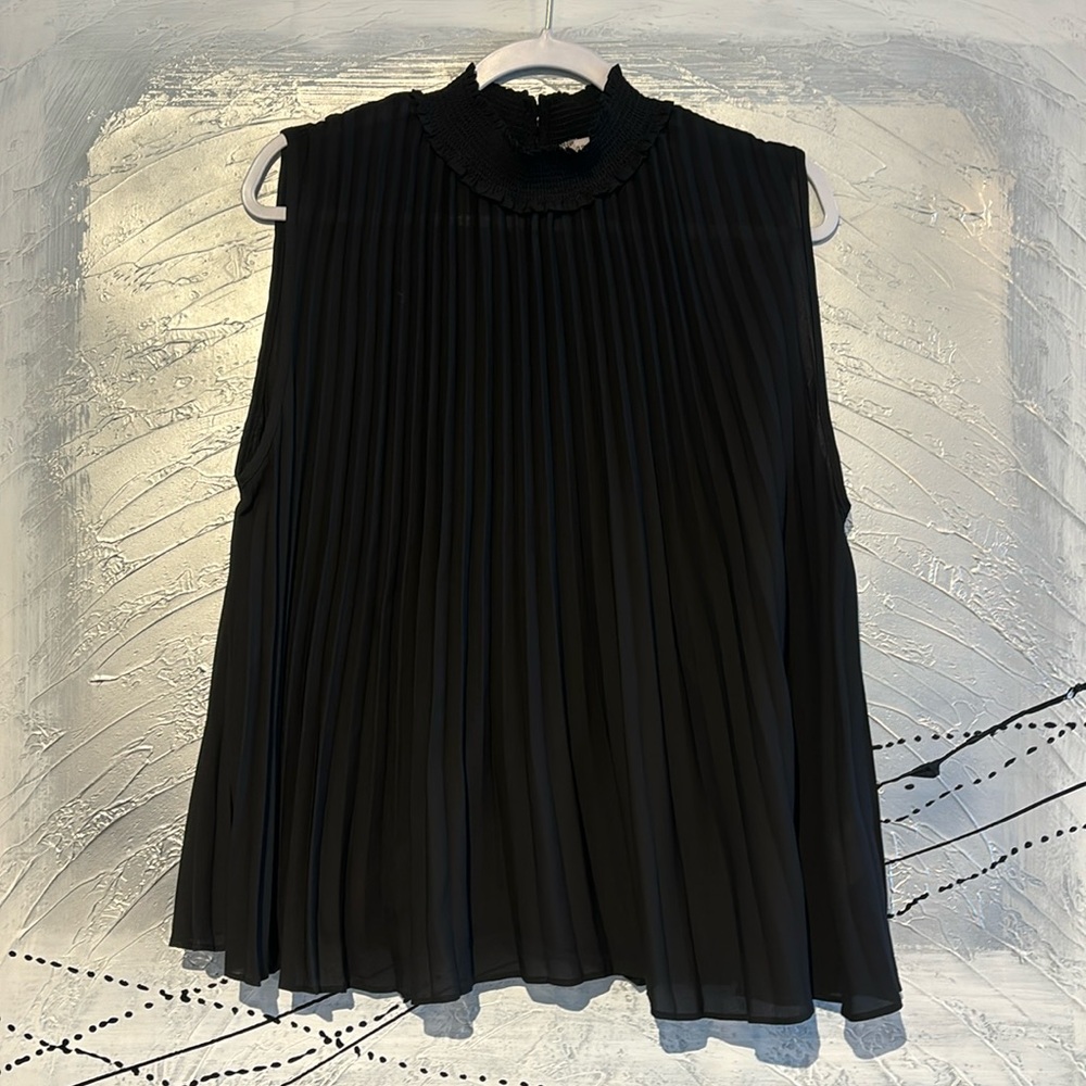Nanette Lepore Pleated Sleeveless Mock Neck Blouse Size XL Black